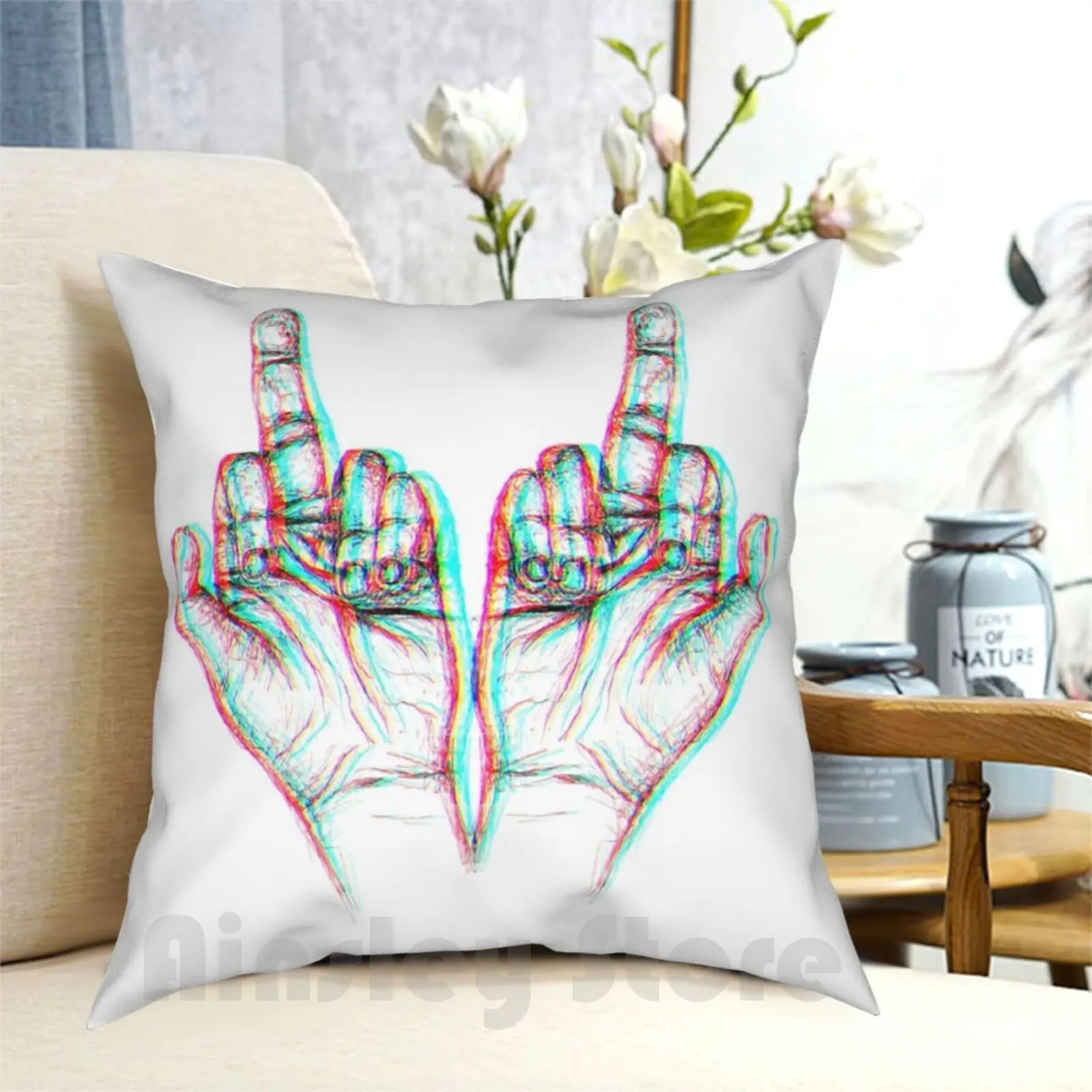 Middle Fingers Pillow Case Printed Home Soft Throw Pillow Middle Finger Hand Graphic Design Rgb Fun Mirror Flip Off