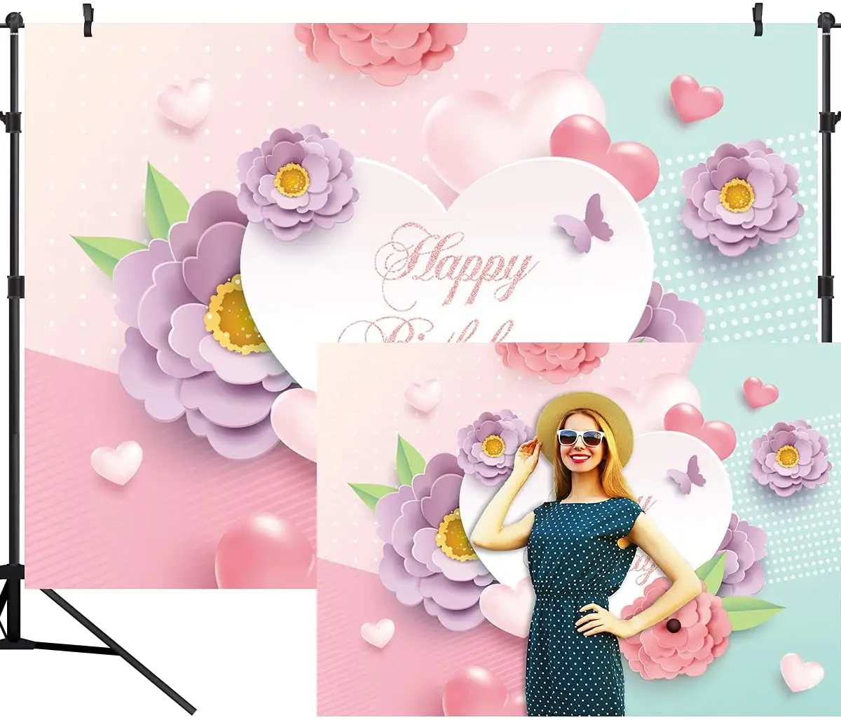 

Happy Birthday Backdrop Paper Flower Pink Love Heart Photography Background Festival Celebration Party Decor Birthday Party