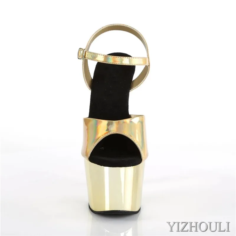 Sexy summer sandals, 17 cm gold plated stiletto heels at model nightclub, shiny steel dancing shoes