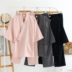 Pure Cotton Japanese Kimono Traditional Summer Autumn Pajamas Set Yukata Women Men Causal Long Sleeve Home Clothes Kimono Suit