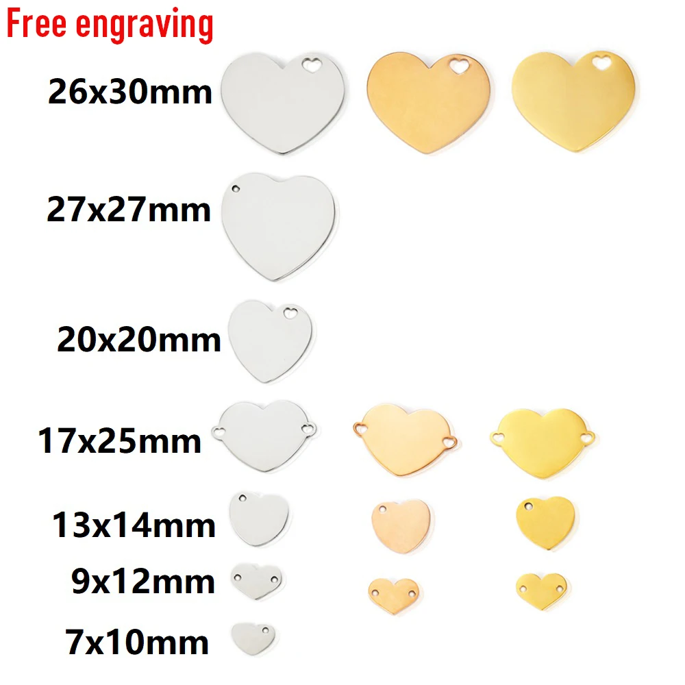 MYLONGINGCHARM 30pcs Engravable Heart Charms Free Laser Engrave Logo design text Heart Bead Stainless Steel Heart charm Pendnant