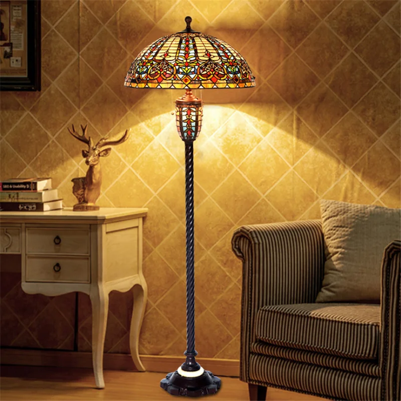 Baroque Luxurious Colorful Glass Tiffany Floor Lamp Foyer Parlor European Art Palace Classical Reading Light 165cm 1272