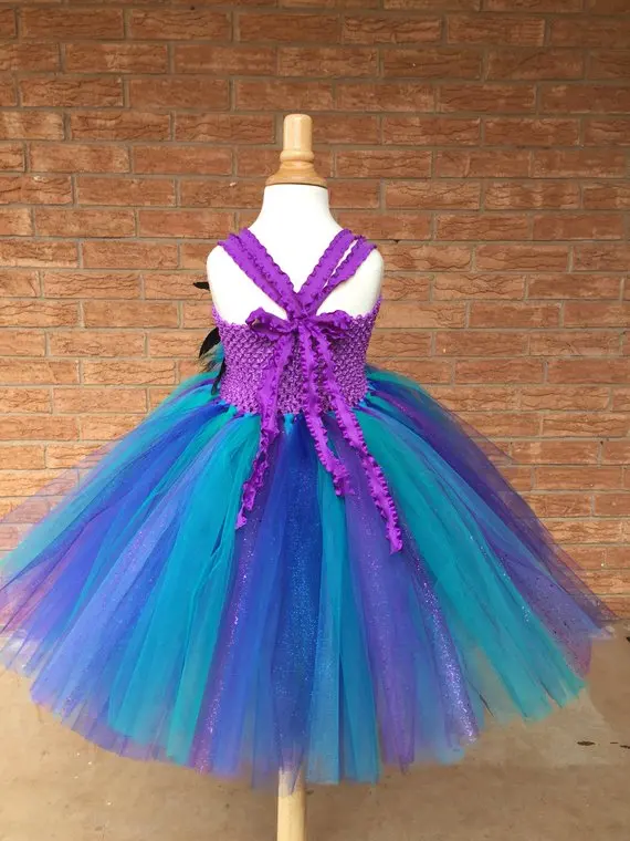 Girls Peacock Feather Flower Tutu Dress Kids Crochet Glitter Tulle Dress Children Birthday Party Banquet Costume Cosplay Dresses