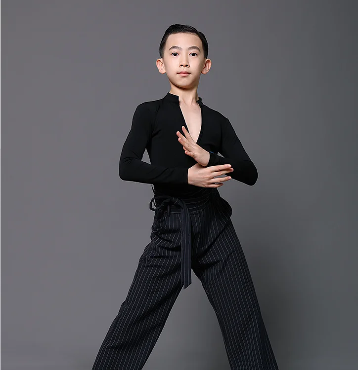 Ballroom Latin Dance Practice Clothes Boys Latin Dance Tops Black V-Neck Shirts Chacha Samba Tango Latin Dance top Costumes