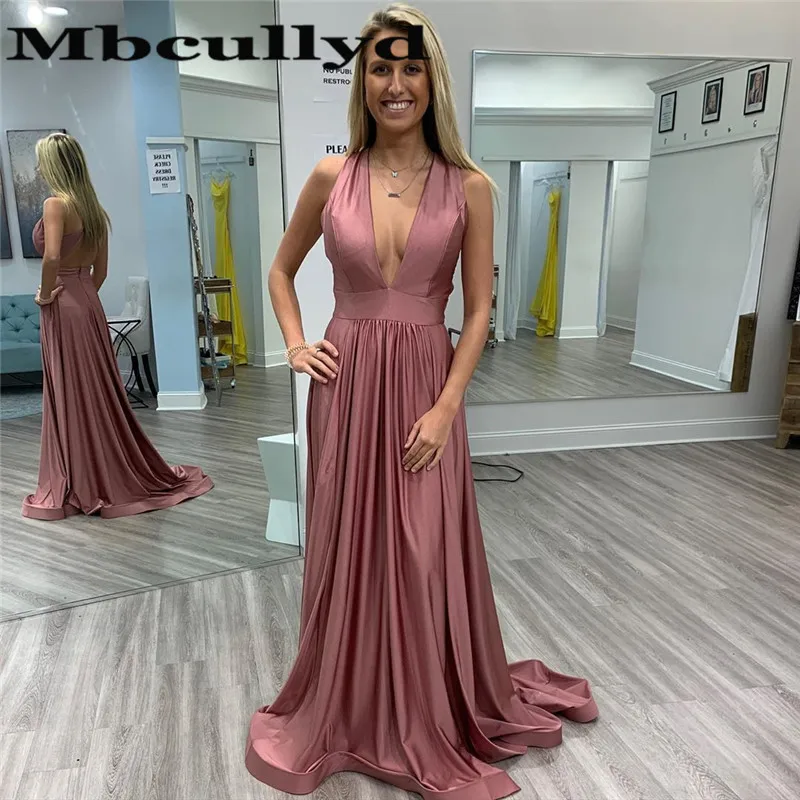 

Mbcullyd Deep V Neck Long Prom Dresses 2023 Sweep Train Evening Party Dress For Women Sexy Cross Backless A-line robe de soiree