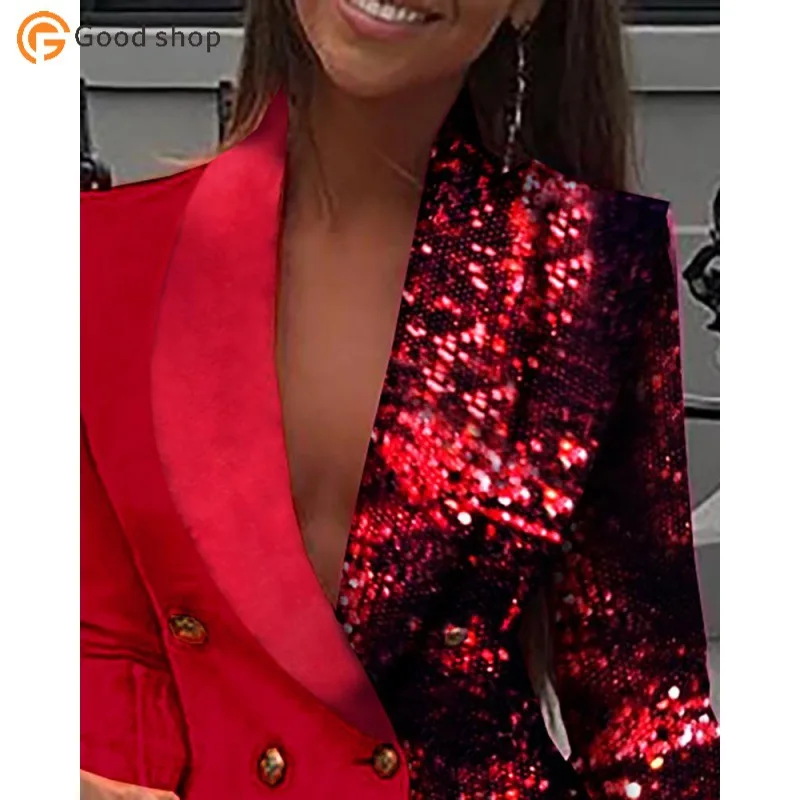 Blazer de esmoquin para niña, vestido rojo plateado de manga larga con lentejuelas brillantes, moda para fiesta