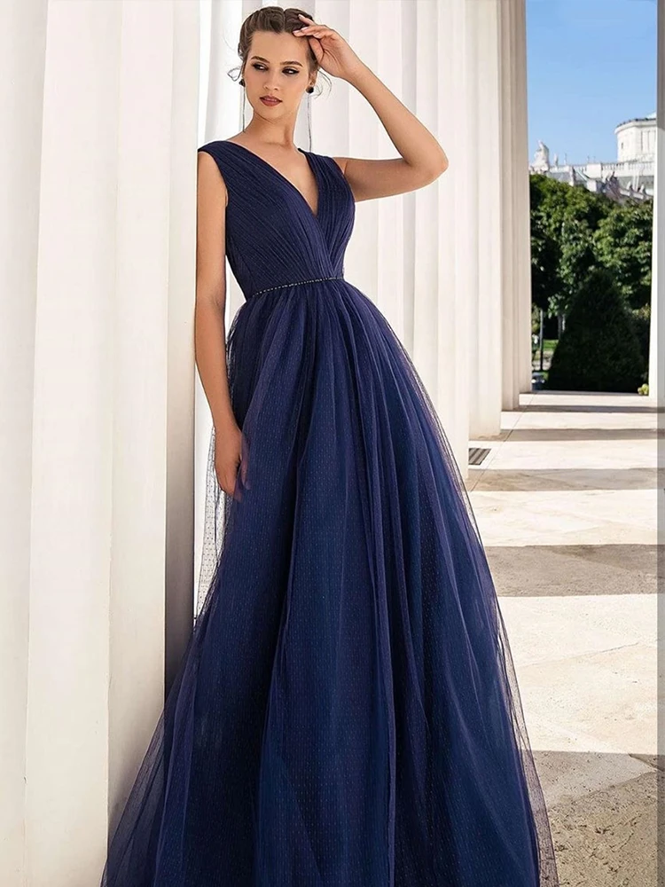 Vestido de noche azul marino con cuello en V para mujer, vestido de fiesta Formal sin mangas, elegante y brillante