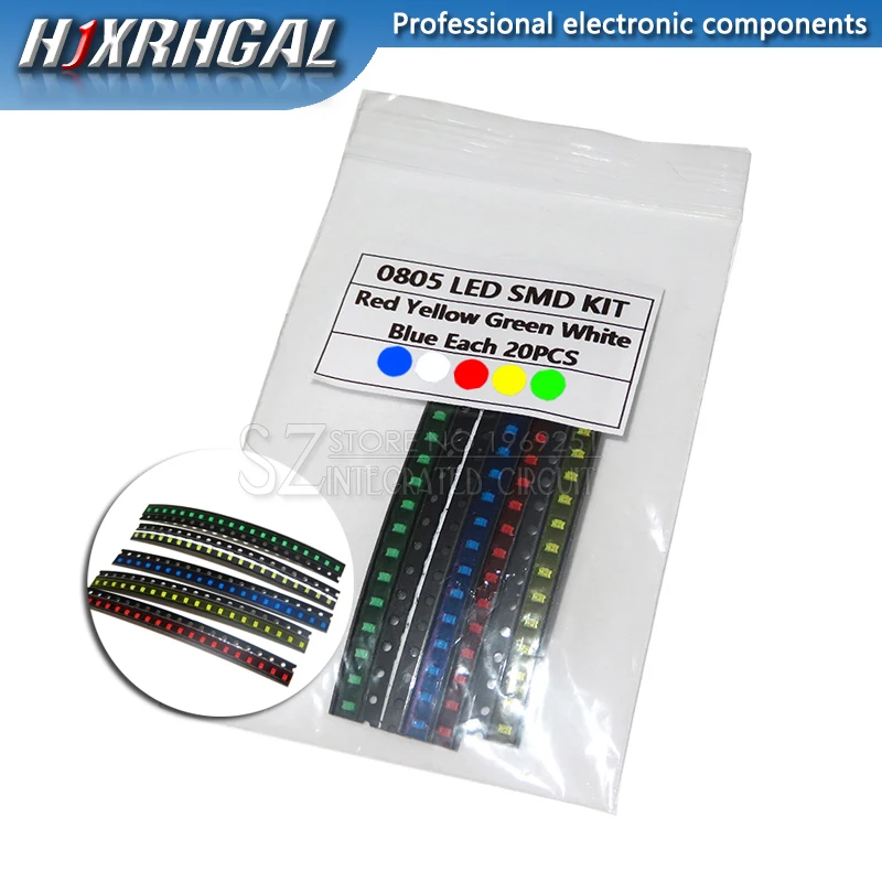 100PCS=5 colors x 20pcs 1210 1206 0805 0603 LED Diode Assortment SMD LED Diode Kit Green/ RED / White / Blue / Yellow