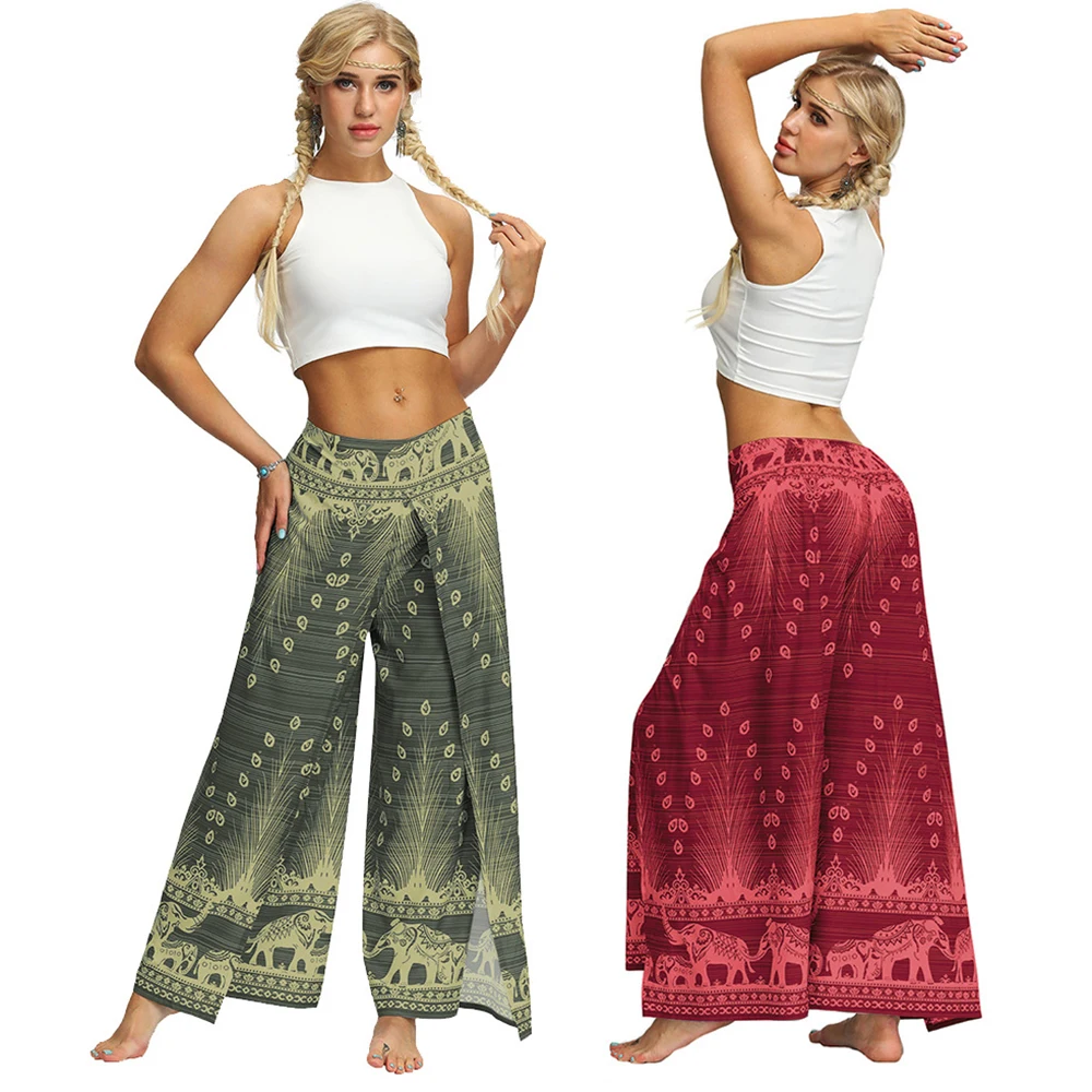 2021 nova mulher harem calças fenda perna larga calças de yoga palazzo casual boho hippie