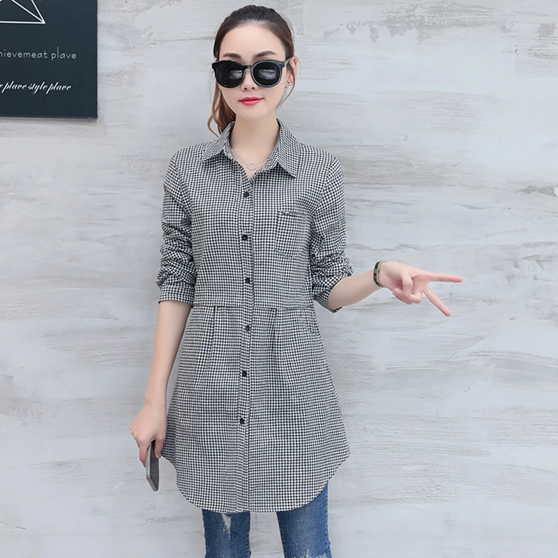 Women Shirts Korean Fashion Long Cotton Plaid Shirts Women Elegant Slim Long Sleeve Spring Autumn Office Ladies Plaid Shirts