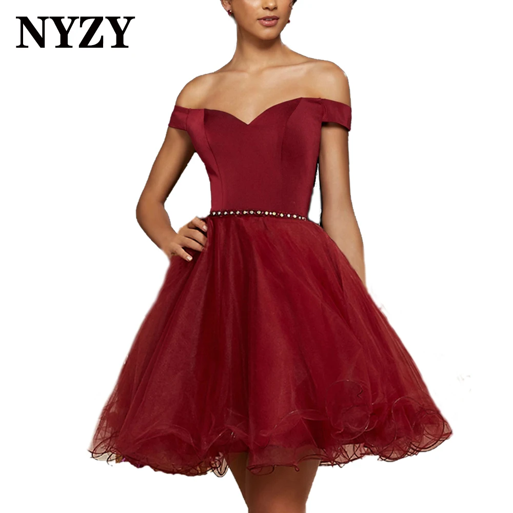 

C329 NYZY Tutu Tulle Off the Shoulder Burgundy Cocktail Dresses 2021 Party Dress for Prom Graduation Homecoming