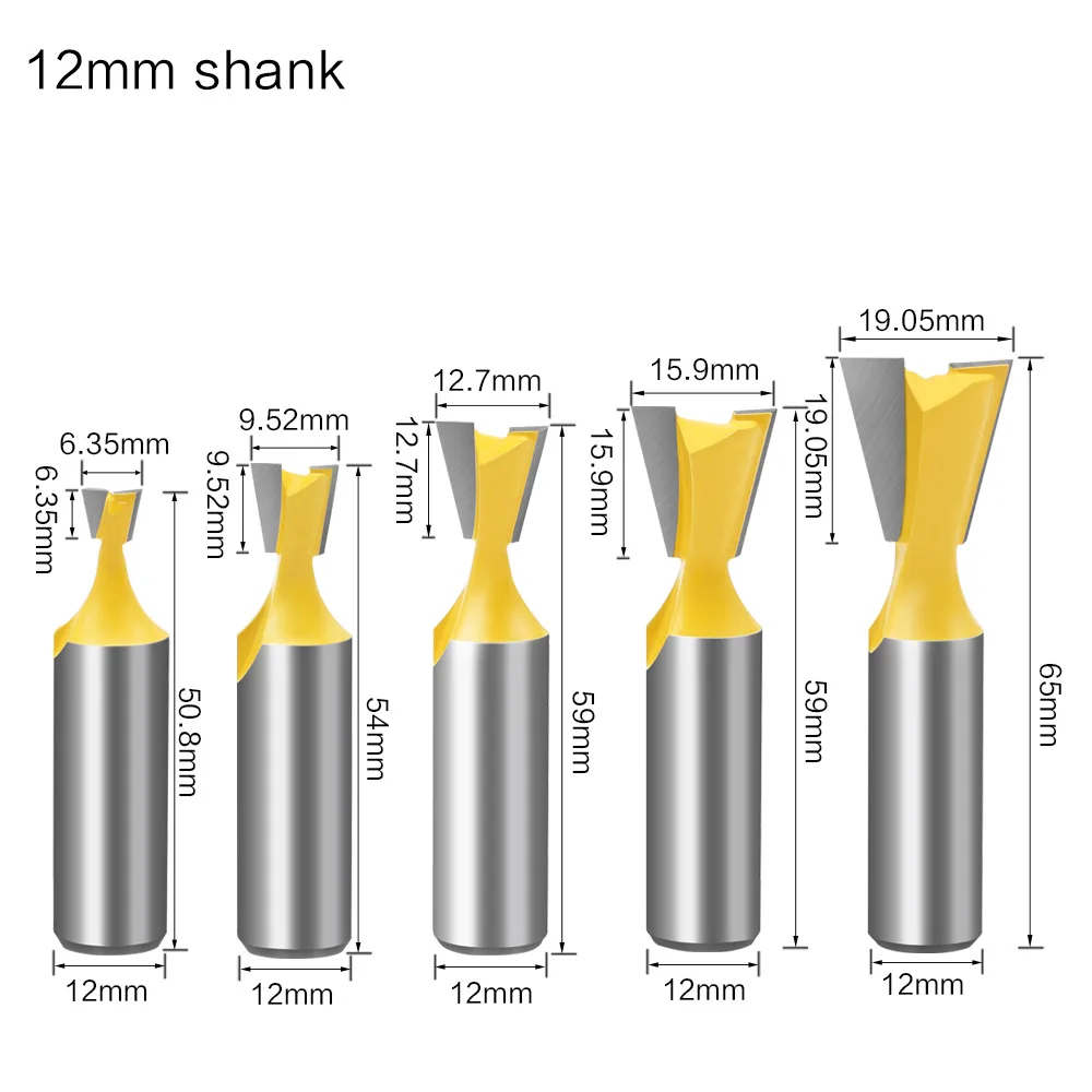 5PCS 12mm Shank Dovetail Router Bit Half-Blind&Through Dovetail Bits Wood Joints Cutter Tool for Making Boxes Drawers Chests