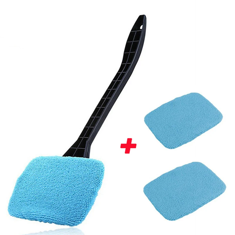 Cepillo de microfibra para parabrisas de coche, limpiador de ventanas automático, mango largo, lavable, herramienta de limpieza con 2 paños de piezas