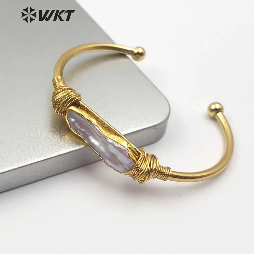 WT-B489 Natural Freshwater Pearl Wire Wrapped Cuff Bangles With Gold Electroplated Adjustable Size Jewelry For Woman Daily Wear