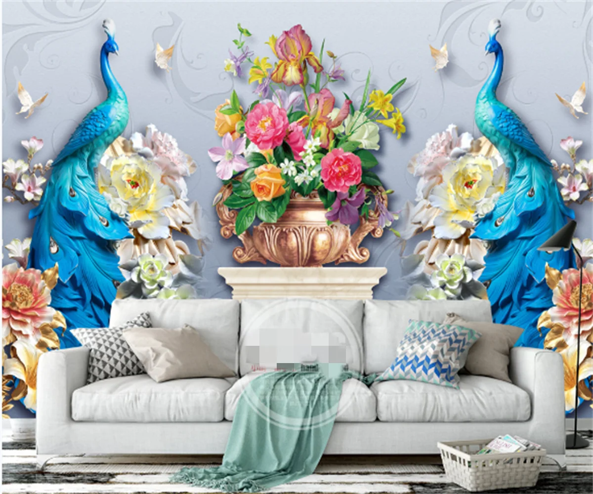 

Modern any size custom 3D three-dimensional relief peacock living room TV background wall decoration mural home photo wallpaper