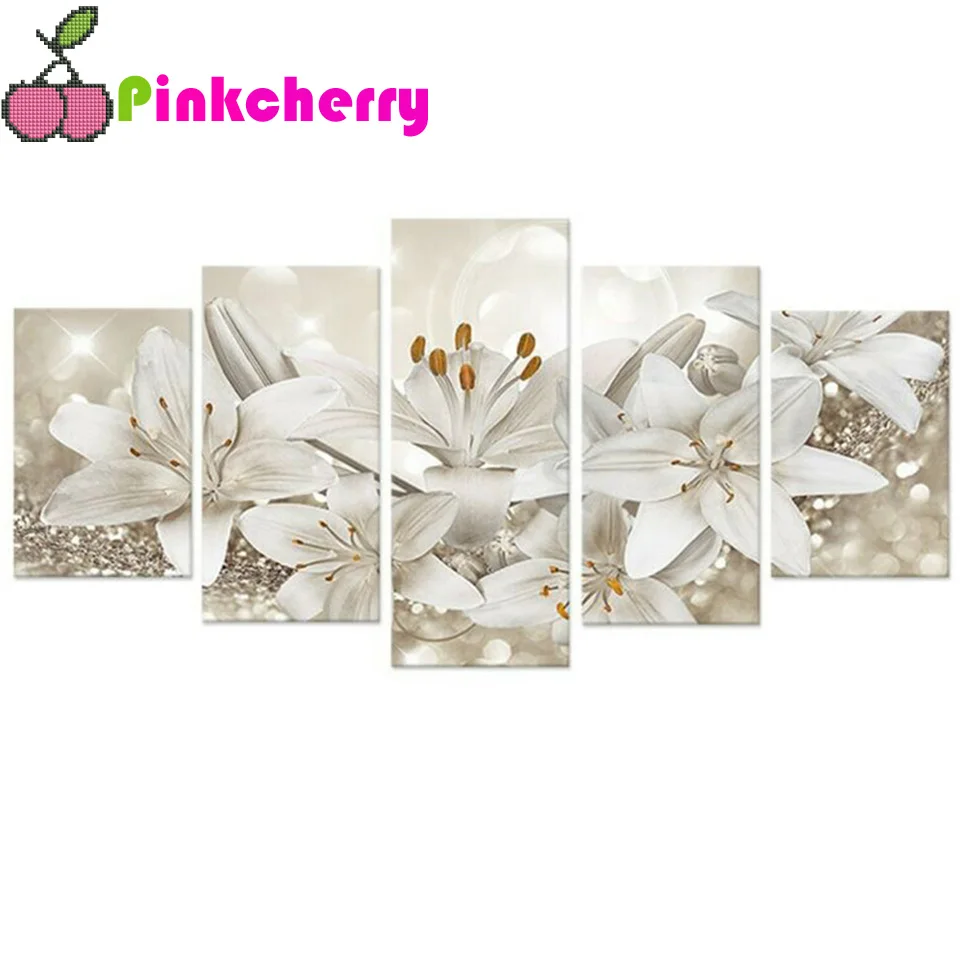 

5 Panel White lily flower DIY diamond embroidery full square round diamond painting cross stitch kit 5D mosaic stickers k631
