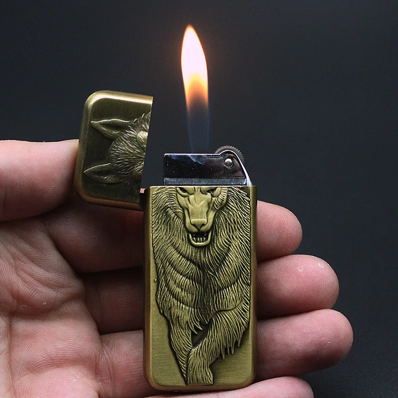 Reliefs Wolf Fluido Para Isqueiro Cool Gas Briquet Classic Fashionable Ultra Thin Lighter Portable Fire Starter Gadgets For Men