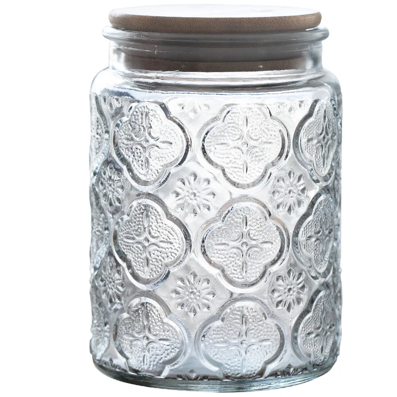 Relief Glass Storage Jar Carved Flower with Wooden Lid Sugar Crystal  Jars Seal Tea Caddy Grain Dispenser Kitchen Supplies