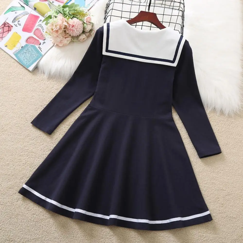 4-14 Years Girls Sailor Collar Dress Kids Toddler Long Sleeve Bow Dresses for Girls Autumn Spring Children Clothing 6 8 10 12 14