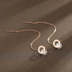 JeeMango Titanium Stainless Steel Roman Round Zircon Ear Line Female Long Tassel Earrings Jewelry For Women JE17127