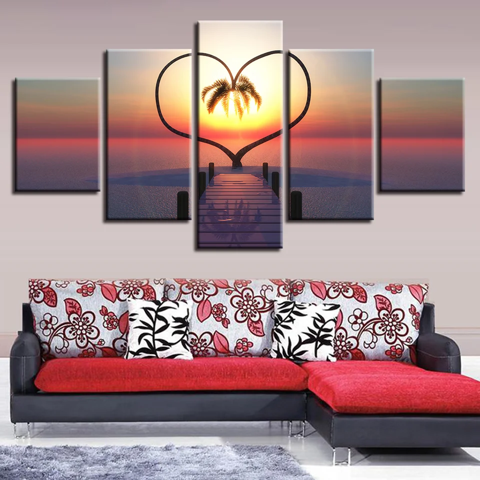 

Wall Art Canvas Paintings Frame 5 Pieces Pictures Ocean Hearts Tree Sunrise Bridge Landscape Poster Modular Home Decor