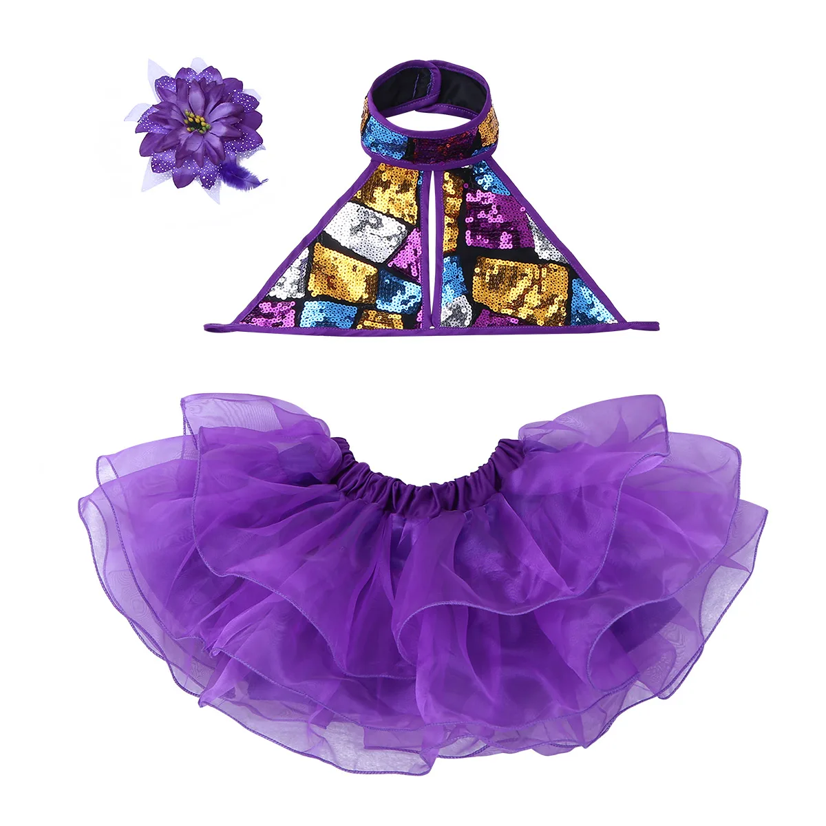 Kid Meisjes Dans Kostuum Voor Ballet Jazz Dance Stage Performance Halter Shiny Pailletten Crop Top Met Tutu Jurk En Haar clip