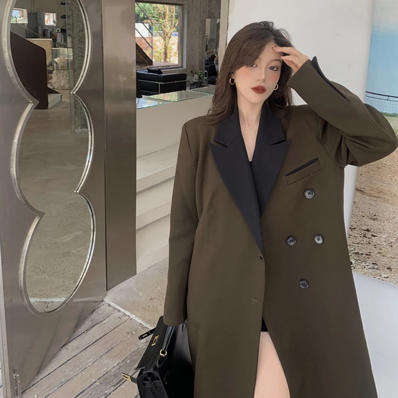 

New Loose Oversized Women Coat Stitching Vintage Suit Collar Windbreaker Long Thick Outwear Female Autumn Winter Hepburn Jacket