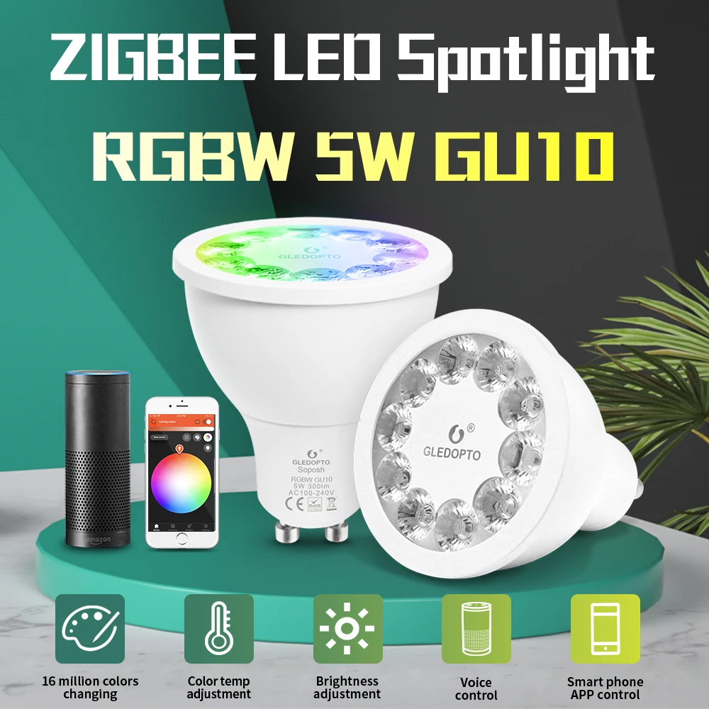 Zigbee 5W RGBW GU10 LED Spotlight AC100-240V RGB สมาร์ท App/เสียง/รีโมทคอนโทรลควบคุมใช้งานร่วมกับ Echo plus Smartthings Tuya