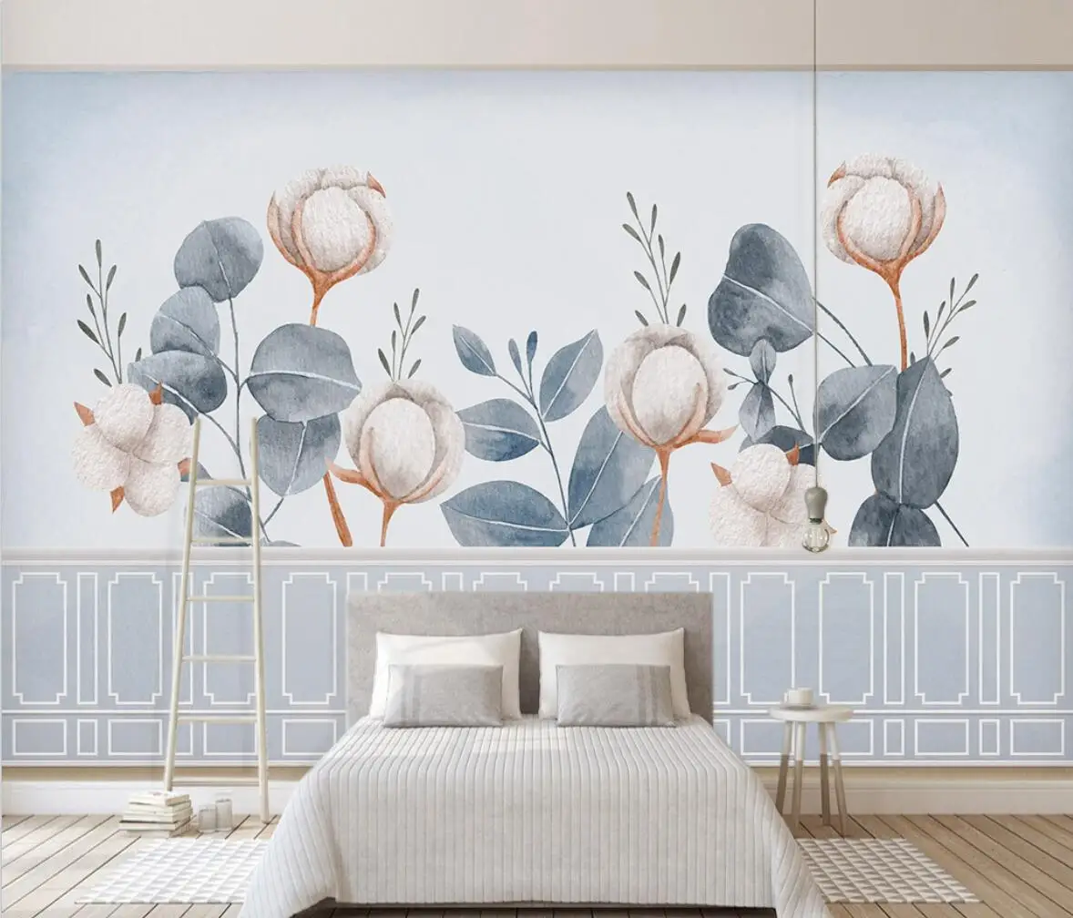 

beibehang custom Modern nordic blue watercolor leaves plants wallpaper living room children's room background home improvement