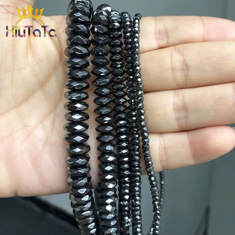 Faceted Black Hematite Stone Beads Natural Round Loose Beads For Jewelry DIY Making Cuboid Bracelet 15\'\' 3*2/4*2/6*3/8*4/10*4mm