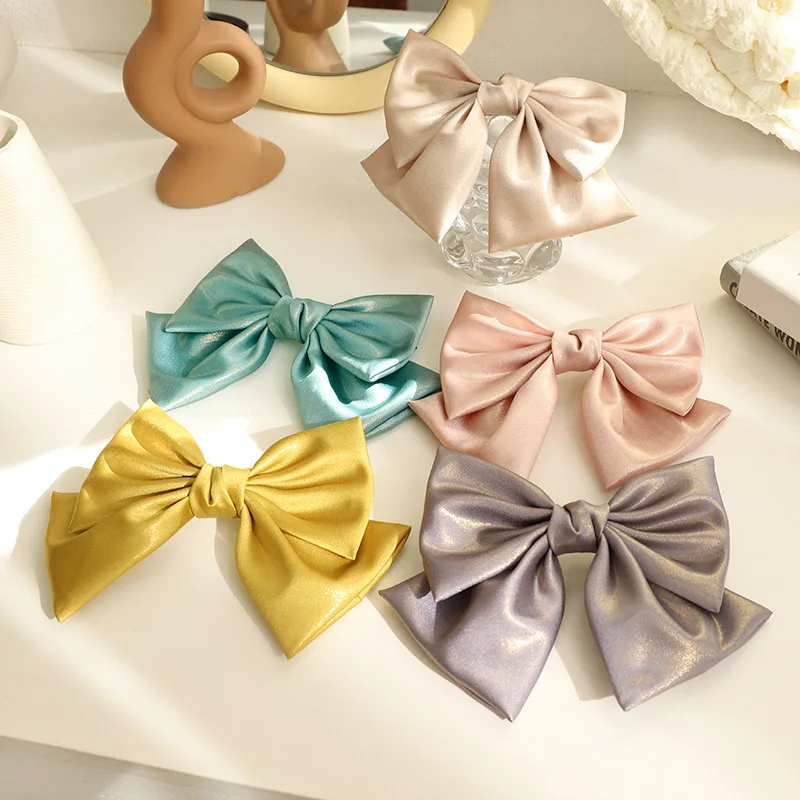 Spring New Bright Silk Cloth Barrette Bow For Woman Girls Hair Accessories Back Head Ponytail Hairpin Lady Headdress Spring Clip