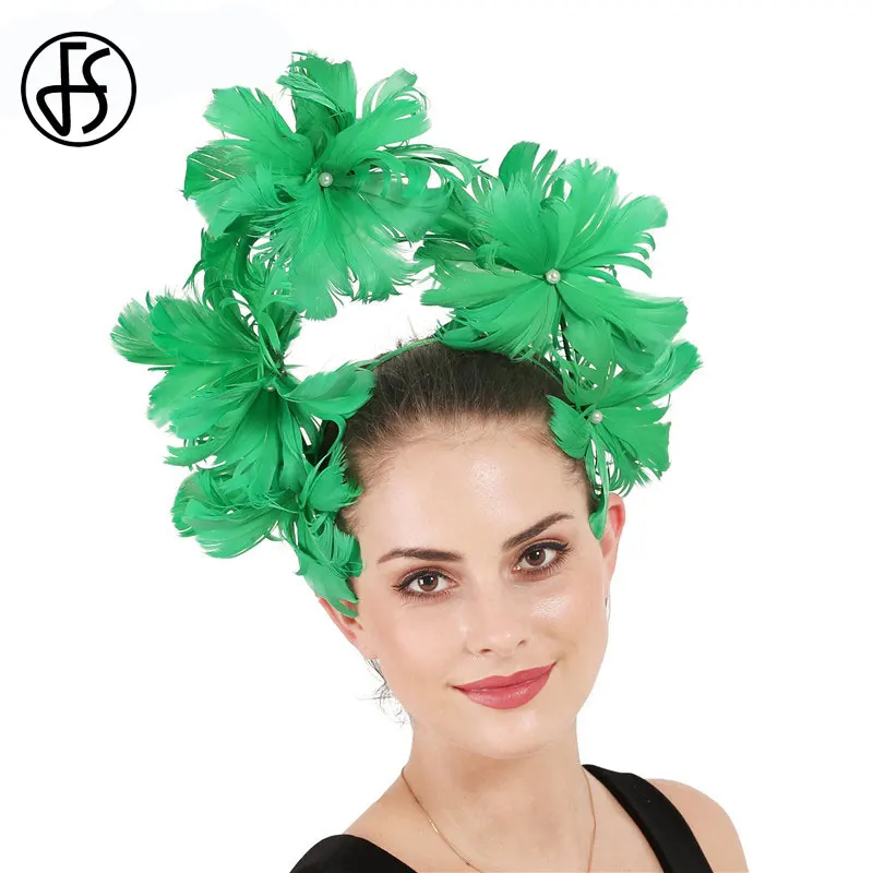 FS Green Fascinators For Wedding Ladies Church Hats Big Derby Feather Hair Bride Pearl Headwear Beautiful Flower Accessories