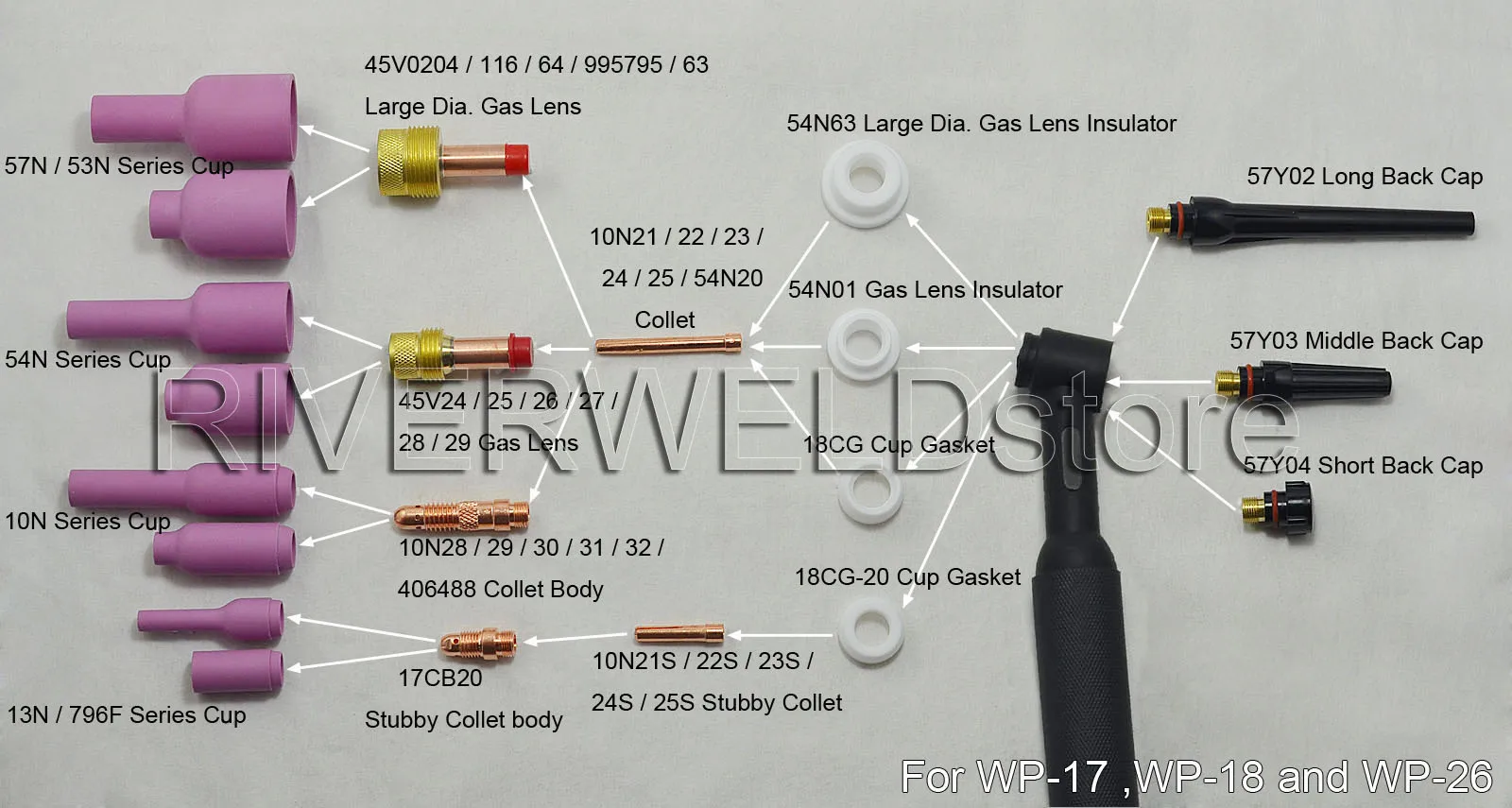 TIG Collets Body Gas Lens 45V26 2.4mm & 3/32" FIt TIG Welding Torch Consumables SR PTA DB WP 17 18 26 Series, 2PK