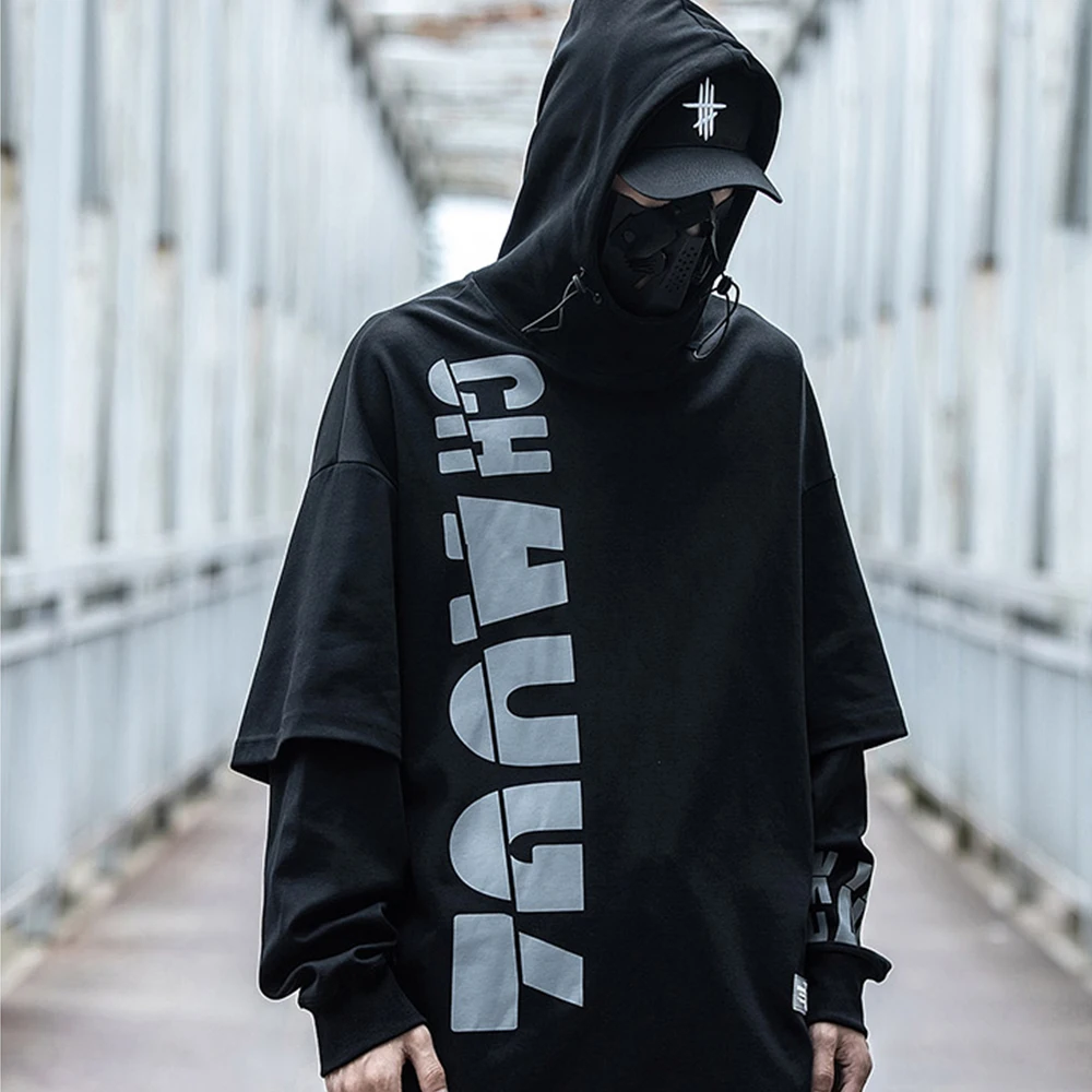 Hip Hop Fake Two Hoodies Sweatshirts Men Patchwork Print Oversized Hooded Pullover Harajuku Cotton Techwear Streetwear Tracksuit