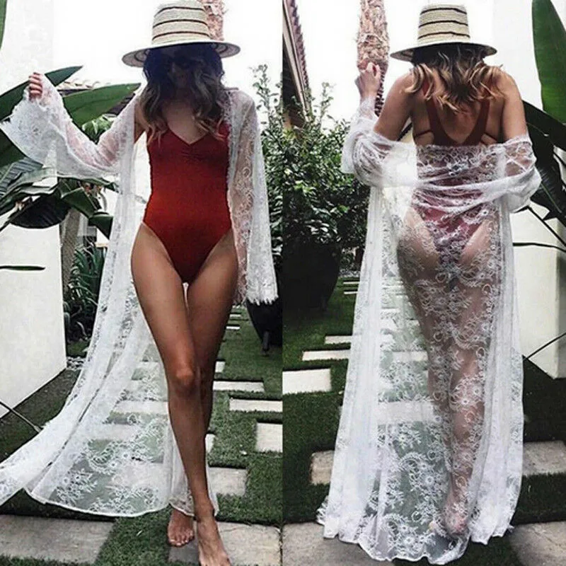 Sexy Women's Bathing See Through Long Sleeve Bikini Elegant Lace Kimono Cover Up Swimwear Summer Beach Dress g Suit tunic kaftan