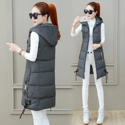 2024 Winter Women Cotton Down Vest Plus Size M-4XL Sleeveless Warm Hooded Loose Casual Long Vest Female Outerwear Padded Jacket