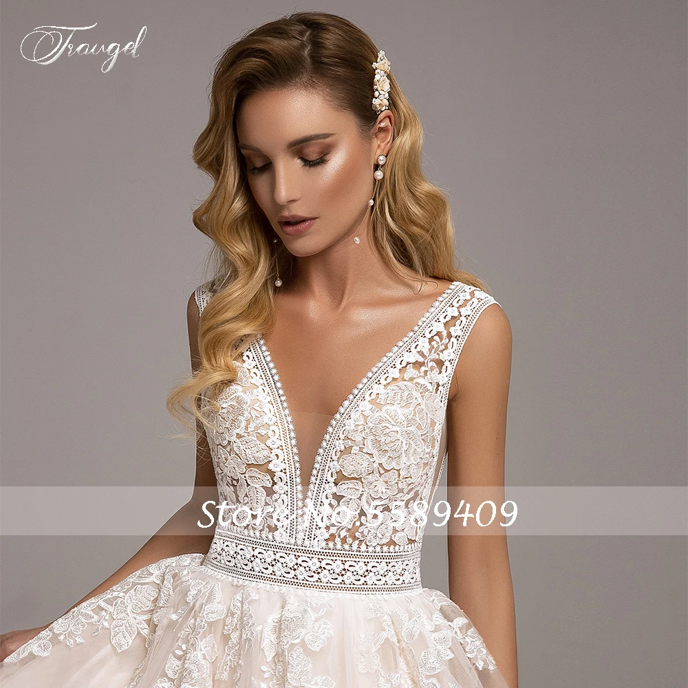 Trugel-vestido de Novia de encaje con espalda descubierta para novia, traje elegante con escote en V, corte en V