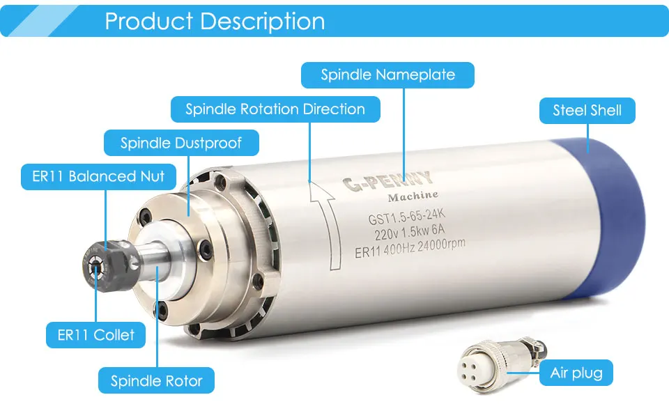 G-Penny 220V 1,5kW ER11 65mm luftgekühlte Spindel-Kits und H100 Inverter und 65m Halterung für CNC-Fräsmaschine – Detail 2