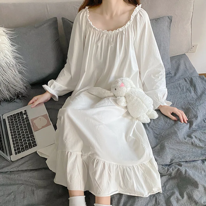 Spring Autumn Nightgowns For Women Dress Cotton Mesh Long Nightdress Long Sleeve Home Wear Clothes Ladie\'s Sleepwear Nightshirt