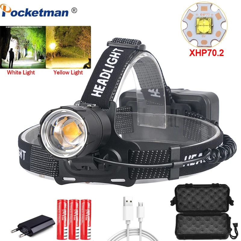 

XHP70.2 Led Headlamp XHP70 Most Powerful Yellow or White Led Headlight Fishing Camping ZOOM Torch Use 3*18650 batteries