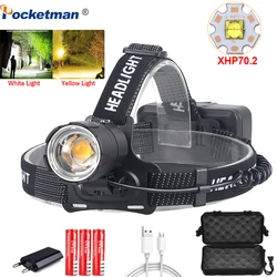 XHP70.2 Led Headlamp XHP70 Most Powerful Yellow or White Led Headlight Fishing Camping ZOOM Torch Use 3*18650 batteries