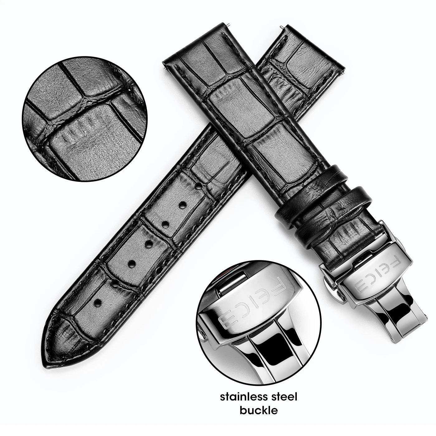 FEICE 20mm Black Leather Watchband Genuine Leather Watch Strap with Silver Stainless steel butterfly clasp 15-20cm