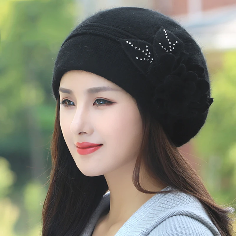 Beret Women Winter Hat Angora Knit Beanie Warm Autumn Flower Double Layers Skiing Outdoor Accessory For Female Headwear