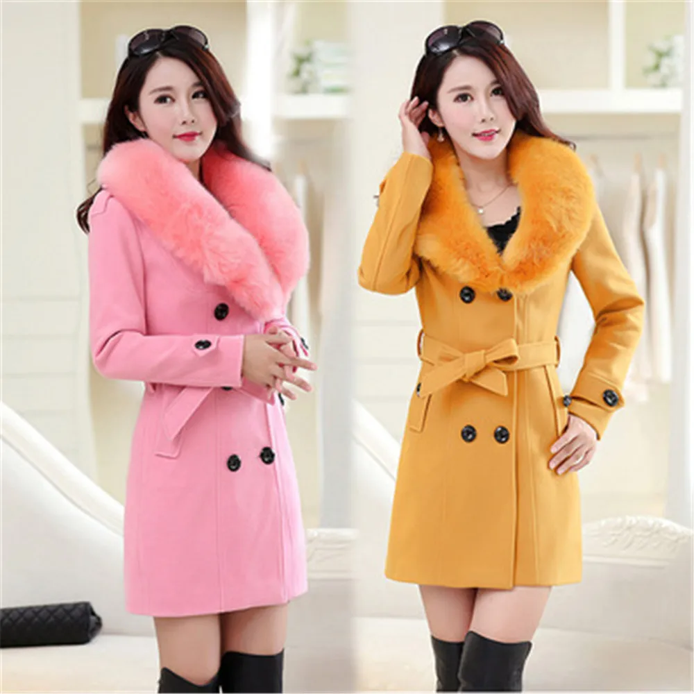 Elegant Women Coats Wool Blends Plus Size Sashes Faux Fur Collar Double Breasted Office Ladies Vintage Overcoat Winter Coat 5XL