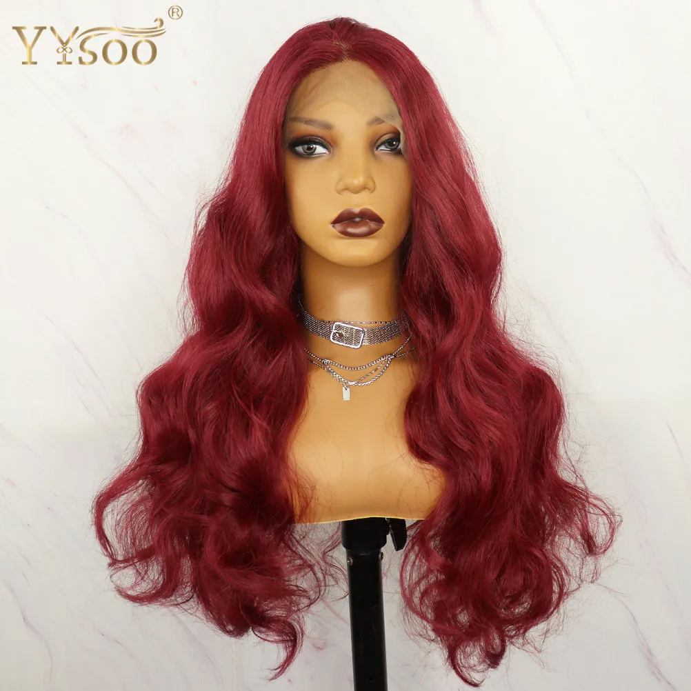 YYsoo 13x4 Long Burgundy Body Wave Futura Synthetic Lace Front Wigs For Women Heat Resistant Fiber Glueless Replacement Lace Wig