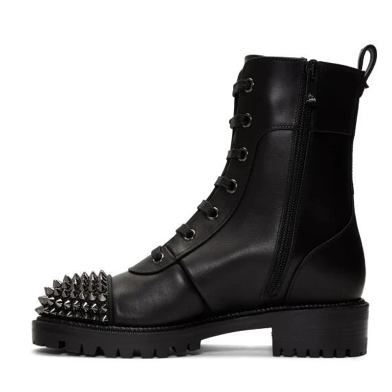 

Rivet Buffed Calfskin Boots Round Toe Studded Matte Leather Black Lace Up Booties Low Heel Zipper Ankle Biker Boots Fall Winter