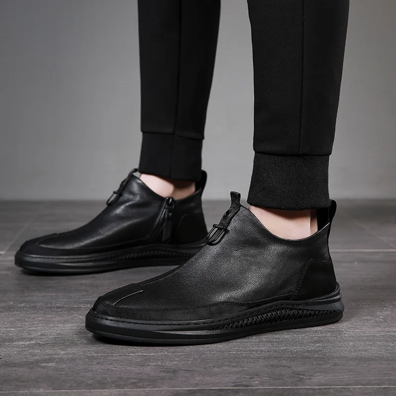New Men's Autumn and Winter Cowhide Boots British Style Casual Cowhide Shoes Versatile Black Autumn and Winter 2021