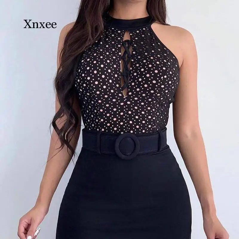 Women 2 Piece Sets Polka dot Print Lace-up Top & Slit Skirt Set