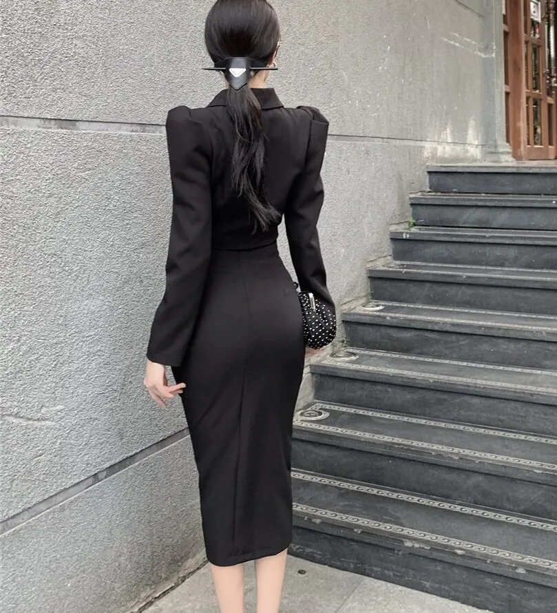 New Arrival Fashion Autumn Women OL Temperament black Crop Top + Sexy Split Midi Skirt Slim Skirt Suits 2021