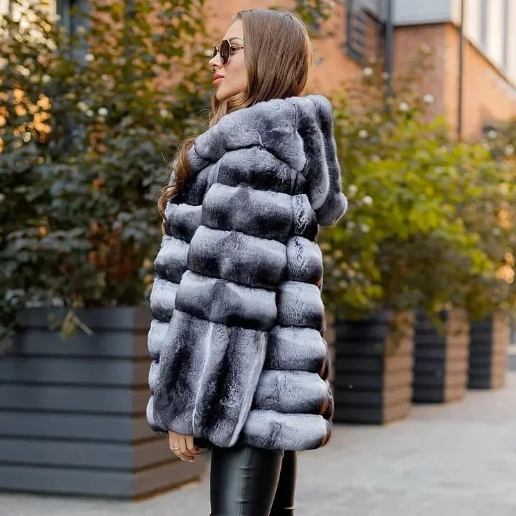 Women Natural Rex Rabbit Fur Jacket Thick Warm Fur Overcoat Woman Winter Outwear Full Pelt Rex Rabbit Fur Coats Medium Length